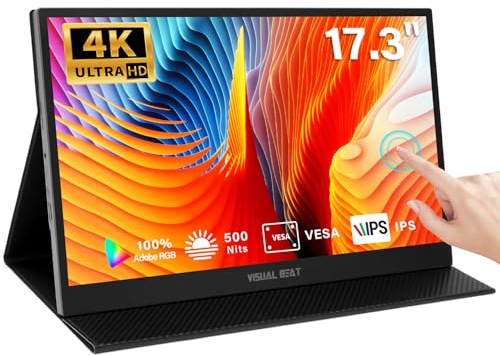 Visual Beat Monitor touchscreen portatile 4K da 17,3, UHD 500Nits 100% AdobeRGB IPS HDR, display da viaggio, USB, tipo C e HDMI, doppi altoparlanti, VESA e Smart Cover, per laptop, PC, telefono, PS4