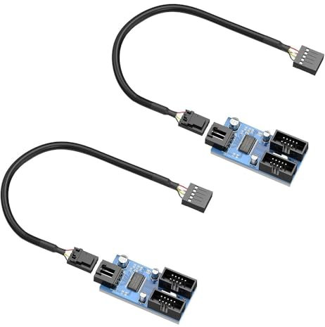 2 Stück Motherboard USB 2.0 9-poliger Header 1 auf 2 Verlängerungs-Hub-Splitter-Adapter – Konverter MB One USB 2.0 Buchse auf 2 Buchsen – 30 cm Kabel 9-poliger Stecker Adapter Port Multiplier