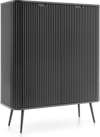 Selsey Zova Highboard - Schwarze Kommode mit Schwarze-Metallfüßen - Minimalistisches Design mit Abgerundeten Kanten & Geriffelten Fronten - Matt Holz & MDF - 129x103x39 cm - Schrank für Schlafzimmer