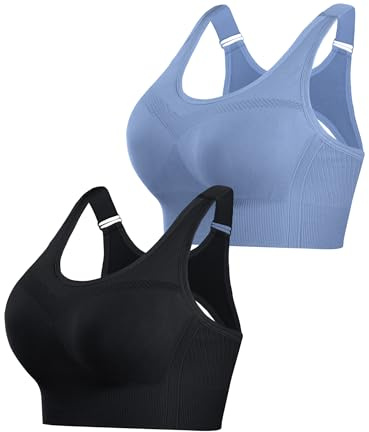 Litherday Women's Sports Bra High Impact Adjustable Strap Seamless Sports Bras Removable Padding Yoga Gym Running Workout Crop Top（Black+Blue,S）