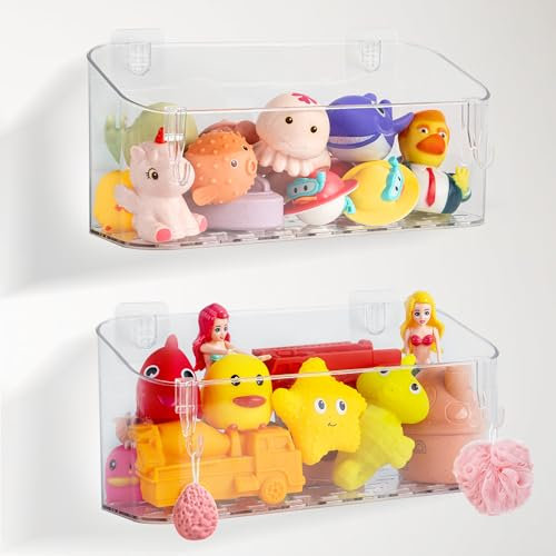 Bath Toy Storage Adhesive Shower Caddy for Baby Bath Toys Bathtub Toy Storage Holder Organiser Large Capacity Acrylic Shower Shelves for Bathroom Accessories, 2 Pack