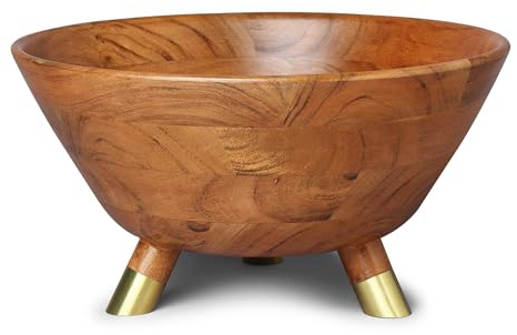 LAVAUK 31.5 cm Acacia Wood Bowl with 2 Serving Utensils | 3 Brass Legs | 6.6 liters | Wooden Salad Bowl for Salad, Fruit, Rice, Popcorn, Pasta | Serving Bowl for Breakfast, Lunch or Dinner (Large)