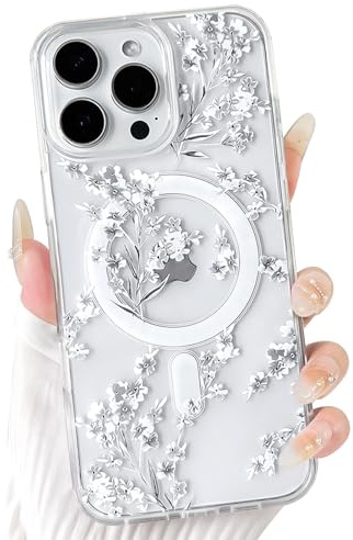 NITITOP Compatible with iPhone 16 Pro Case Clear Cute Compatible with MagSafe Flower Floral Pattern Magnetic for Women Girls Aesthetic Hard PC Back Shockproof Protective Phone Case - White