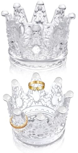 Roucerlin 2 Pieces Clear Glass Crown Ring Holder Jewelry Dish, Decorative Trinket Tray, Women Vanity Jewelry Plate Tray, Ring Bowl for Earrings Necklaces Bracelet Keys Decor (Clear)