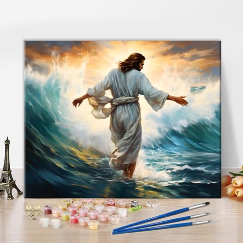TISHIRON DIY Malen nach Zahlen Kit für Erwachsene - Jesus im Sturm auf dem Wasser Malen nach Zahlen für Erwachsene, 40x50 cm