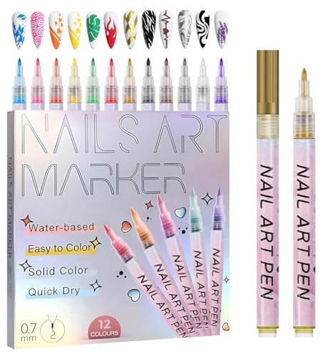 HESUSLA 12 Colors Nail Art Pens Set,Acrylic gel pens,3D pen,Nail Art Kit for Home Salon,nail art pen,If a protective layer is applied at the end,It will last longer Used for nail DIY(A 0.7mm)
