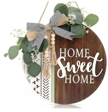 Ghirlanda Porta Ingresso in Legno con Targa, Decorazione Bohémien 30 cm con Fiori Artificiali, Decor per Casa, Parete, Salone, Décoration Murale per Interno ed Esterno