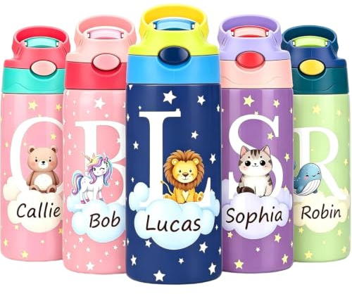 VEELU Borraccia Bambini Personalizzata con Nome, Borraccia Termica in Acciaio Inox con Cannuccia, Antigoccia, Senza BPA, per Scuola, Asilo e Tempo Libero