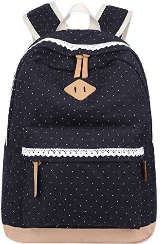 Leichte Schulrucksack mit Polka Dots Nette Canvas Schultaschen Damen Mädchen EXTRA Groß Kinderrucksack Daypacks Rucksäcke Modische Schwarz