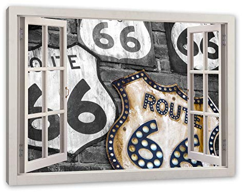 Pixxprint rustikale Route 66 Schilder, Fenster, Größe: 100x70cm, Leinwandbild, fertig gespannt, Wandbild, Dekoration, Kunstdruck, kein Poster