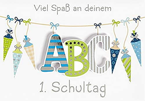 Perleberg - schöne Karte zum Schulanfang ABC & Schultüte - hochwertige Karten zur Einschulung - Einschulung Karten mit Umschlag - Glückwunschkarte für Jungen & Mädchen 11,6 x 16,6 cm