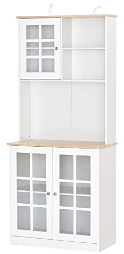 HOMCOM Alacena de Cocina Despensa Armario de Cocina con Estantes y Puertas de Vidrio para Pequeños Electrodomésticos y Menaje Aparador para Comedor Sala 80x37x183 cm Blanco