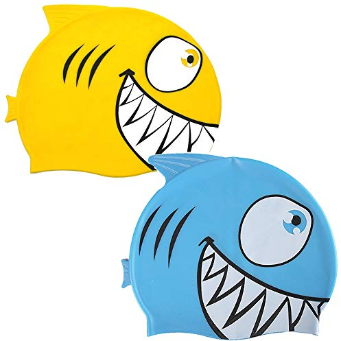 Mirrwin Bonnets de Bain Etanches Bonnet de Bain Poisson Rouge Bonnet de Bain Motif Requin Bonnet de Bain en Silicone avec Silicone Hypoallergénique pour Jeunes Enfants Facile à Enfiler Enlever 2 PCS