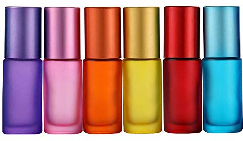 JamHooDirect 6Pcs, 5ml Essential Oils Roller Bottles, Empty Refillable Colorful Frosted Glass Roll on Bottles with 1 Opener & 1 Dropper, Perfect for Aromatherapy, Fragrance, Perfume