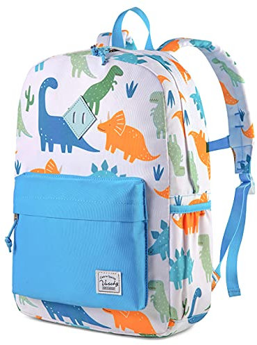 VASCHY Kinderrucksack Jungen, Niedlich Wasserabweisend Vorschule Kinder Rucksack Mädchen Kindergartenrucksack Schulrucksack Kleinkind mit Brustschnalle Hellblau Dinosaurier