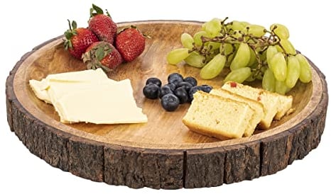 GoCraft Runde Servierplatte aus Holz mit Baumrinde an den Kanten, Mangoholz-Pizzateller, Servierbrett, Serviergeschirr, Charcuterieplatte, 33 cm