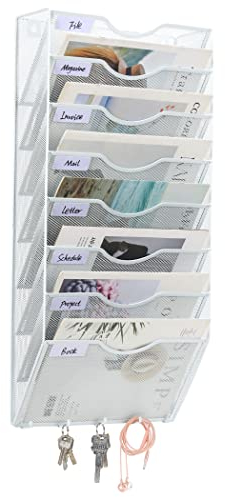 EasyPAG 8 Fächer Metall A4 Zeitschriften Wandhalter Zeitschriftenhalter Wand Aktenablage Dokumentenhalter Magazin Wandhalterung Post Organizer Prospektspender Flyerhalter Hängend mit 5 Haken,Weiß