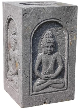 IDYL Lava-Stein Becken Wasserbecken mit Buddha's, 35 x 35 x 60cm | 4-seitige Buddha-Darstellung, Herstellung in reiner Handarbeit, Aus Lavasteinblock geschlagen, Asiatische Dekoration