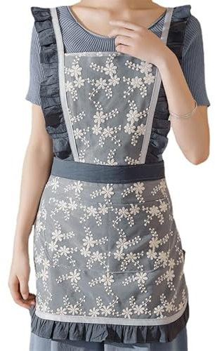 DNLKWGO Vintage-Schürze mit Kreuzrücken, bestickt, mit Taschen, Grau, Einheitsgröße