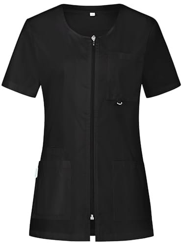 B-well Stella Uniforme Empleada Hogar Casaca con Cremallera Enfermeras Uniforme Estetica Mujer Casaca Mujer Uniforme Manga Corta con Cremallera, Negro, L