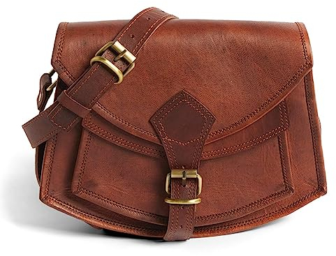 LEABAGS Leder Handtasche Damen I Premium Echtleder Umhängetasche I Damen Schultertasche I Damentasche I Tragetasche für Arbeit Uni Schule Freizeit I Größe L (25 x 22 x 7 cm) I Vintage Cognac