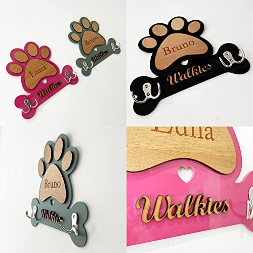 Fingerprint Designs Pawprint Bone Dog Lead Holder Leash Hanger Double Hook Any Colour Personalised