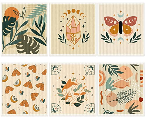6 Pcs Swedish Kitchen Dishcloths Kitchen Towels, Absorbent Dish Towels, Reusable Sponge Cleaning Dish Cloths Fast Drying Washable Decorative Tea Towels No Odor Bar Hand Towel(Boho)