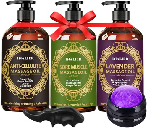 Massage Oil for Massage Therapy,3 Pack Cellulite Massage Oil,Sore Muscle Arnica Oil & Lavender Massage Body Oil with Massage Ball & Thumb Saver Tool,Mens Gifts,Birthday Gifts for Women and Men