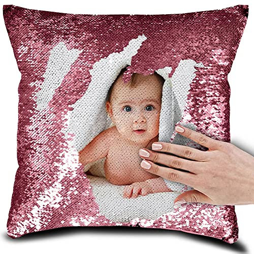 Eletizy Personalisiertes Bild, magischer Wende-Kissenbezug, DIY-Design, Paillettenbilder, Fotos, einseitig Bedruckt, Haustierliebhaber, Familienfoto-Kissenbezug, 40 x 40 cm (nur Bezug) (Rosa)