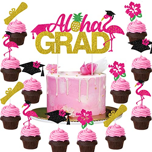 Congrats Grad Cake Topper Glitzer Abschluss Cupcake Topper – Aloha Grad Kuchendekoration 24 Stück Diplom-Grad Cupcake Topper für College, Senior Graduation Party Dekorationen Supplies