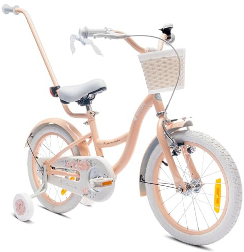 sun baby Mädchenfahrrad 16 Zoll Radgröße Flower Bike zur Auswahl, mit Abnehmbarer Schubstange, Kinderfahrrad für Mädchen von 2 bis 6 Jahre (Aprikose, 16 Zoll)