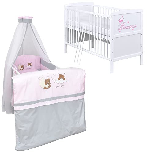Baby Delux Babybett Komplett Set Kinderbett umbaubar zum Juniorbett weiß 140x70 Princess Bettwäsche mehrteilig (Traumland Rosa Grau)
