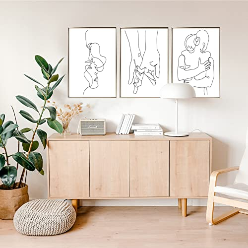 MENAYODA 3er Poster Set Wandbilder, Modern Abstrakte Schwarze und Weiße Linien Wandbild Wandposter Posterset, Hand in, Umarmung Kuss, Dekoratives für Wohnzimmer, Ohne Rahmen