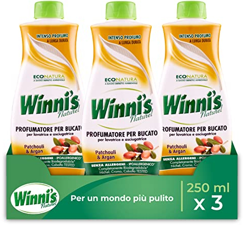 Winni's - Profumatore Bucato Ipoallergenico per Lavatrice e Asciugatrice, Fragranza Patchouli e Argan, con Materie Prime di Origine Vegetale e Bio, 250 ml x 3 Confezioni