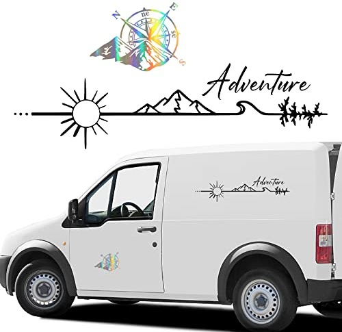 BETESSIN 2pz Adesivi per Auto Adventure Avventura Adesivi per Auto Bussola Adesivi Esterni Decorazione per Auto Montagna Fuoristrada Camper Jeep Campervan Campeggio