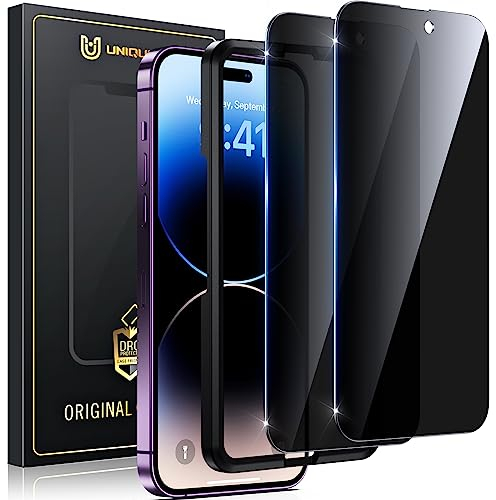 UniqueMe Full Screen Sichtschutz für iPhone 14 Pro Panzer Schutz Glas,für iPhone 14 Pro Anti-Spy Privacy Schutzglas Schutzfolie 2 Stück mit Positionierhilfe
