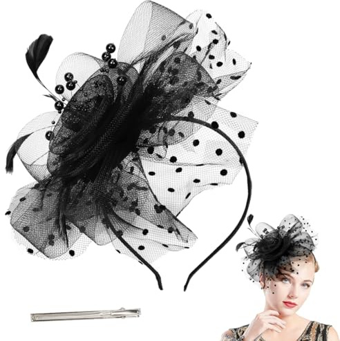 Aurasky Fascinator Hut Blume, Blume Mesh Federn Clip Kopfschmuck, Stirnband Clip mit Mesh Federn, Schwarz Fasching Karneval Haarschmuck, Tea Party Kopfbedeckung für Kirche Hochzeit Cocktail