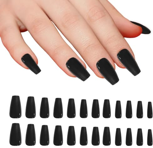 False Nails, 24PCS Red Long Coffin Bellarine Tapered Full Cover Glossy Fake Nails, Solid Color Artificial Finger Manicure for Women Girls Nail Decorations Y7CSMJJP (black)