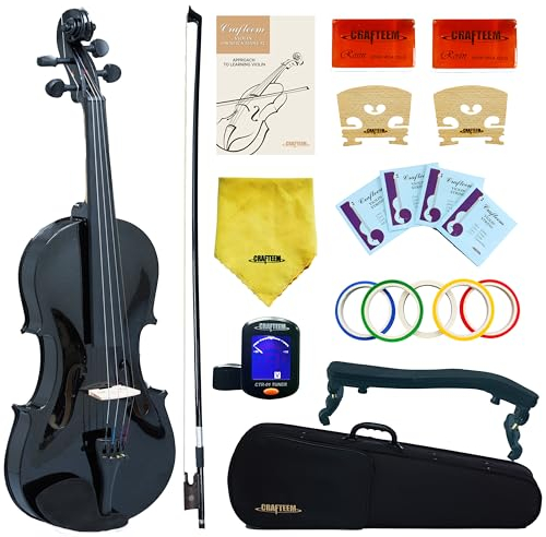 Crafteem 1/4 Geige für Anfänger, Erwachsene, Kinder, mit 5 farbigen Griffband, handgefertigt, für Anfänger, Violine, Schwarz, 1/4