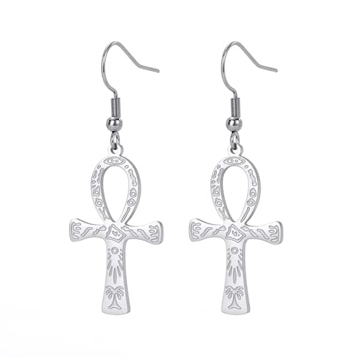Ägyptisches Ankh-Kreuz, Anhänger, Edelstahl, Creolen, Schlüssel des Lebens, Amulett, klassischer Kreuzschmuck für Damen und Herren (Ankh silber)