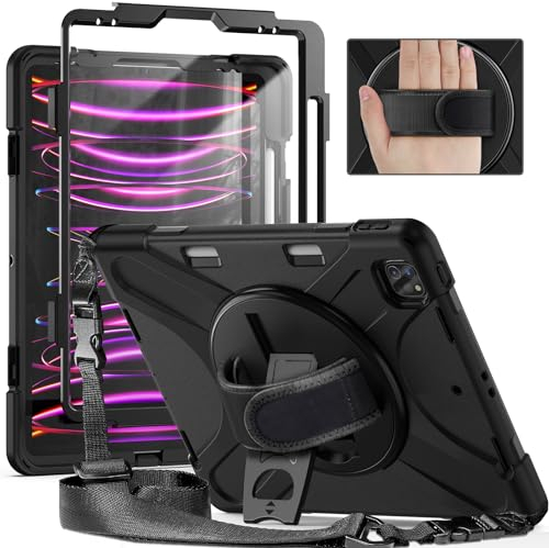 Gerutek Coque Antichoc pour iPad Pro 12.9 (6è/5è/4è/3è Gén 2022/2021/2020/2018) avec Protection d'écran, Étui Armure Robuste avec Support Rotatif, Bandoulière et dragonne, Porte-Stylet, Noir