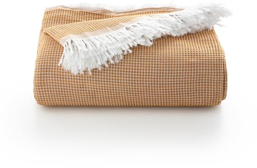 GAMUSI Mehrzweck-Tagesdecke für Bett und Sofa, Tagesdecke, weiche und atmungsaktive Baumwolle, Wabenmuster, 180 x 140 cm, Senf