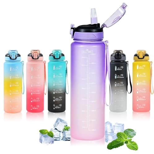 SEASEVEN Water Bottle with Straw 1L,Boys Water Bottles with Straw 1 Litre,Waterbottle Leak-Proof Sports Water Bottle,Plastic Drinks Bottles Toxin Free,Bpa-Free (Gradient Purple)