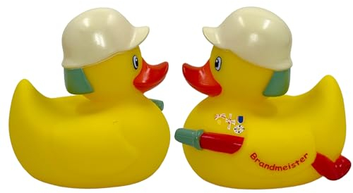 MIJOMA 2er Set Badeenten Badewannenspielzeug, Handbemalt & Latexfrei, Perfekt für Partys, Geburtstage, Weihnachten, Baby-Partys & Mehr – Tolle Badezimmerdekoration, 8 cm Hoch (Feuerwehrmann)