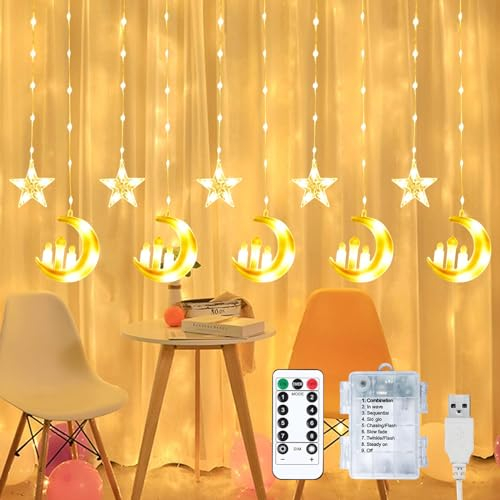 Leonshco Eid Dekoration Lichterkette Sterne und Mond, Muslimische Ramadan Lichterkette Fenster Innen Warm Weiße 3m LED Mubarak Lichter 8 Modi, Hängende Sternenlichterkette für Ramadan Party Dekoration