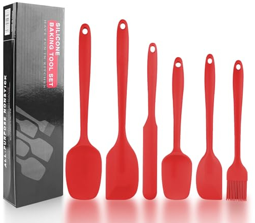 Magrimaxio 6 Stück Teigschaber Silikon Set, Silikon küchenhelfer 230℃ Hitzebeständig Nahtloses Einteiliges Design Rot, Spatel Küche Antihaftbeschichtetes, Schaber für Kochen Backen Rühren