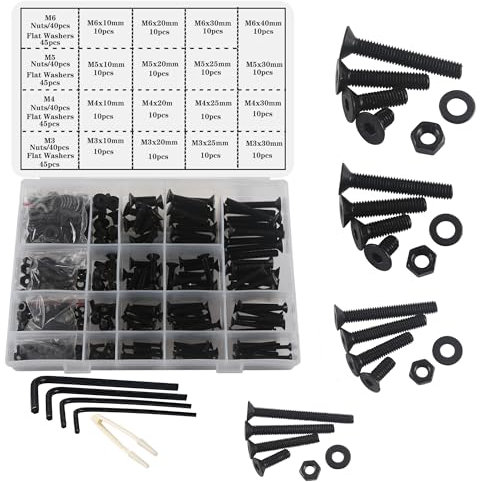 huruirui Set Bulloni e Dadi a Testa Piatta e Esagono Incassato M3 M4 M5 M6 set Assortito di Dadi e Viti Neri Rondelle,kit di Chiusura Viti Esagonali per Macchina Filettata 500pezzi