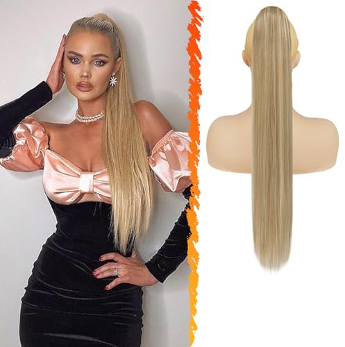 BARSDAR Kordelzug Pferdeschwanz Verlängerung, 66CM Lang Glattes Blond Pferdeschwanz Haarverlängerungen Synthetik Clip Zopf Pferdeschwanz Haarteil für Damen Tägliche (Helles Aschblond Gemischt)