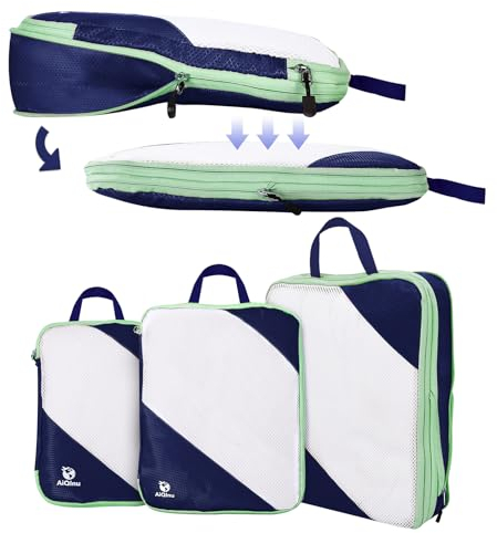 AiQInu Packing Cubes Compression, 3 Stück Packtaschen Kompression Koffer Organizer Set mit Wäschebeutel und Schuhbeutel Ultraleicht, Erweiterbar, Reisepack Organizer für Handgepäck (Dunkelblau)