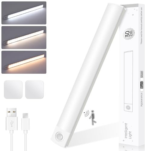 Clekeplye Lampe de Placard, 30CM Longueur Optimale Veilleuse Avec détecteur de Mouvement, Éclairage D'armoire Toute Adsorption 60LED Dimmable Magnétique Rechargeable Cuisine Armoire Escalier-1 Pièce